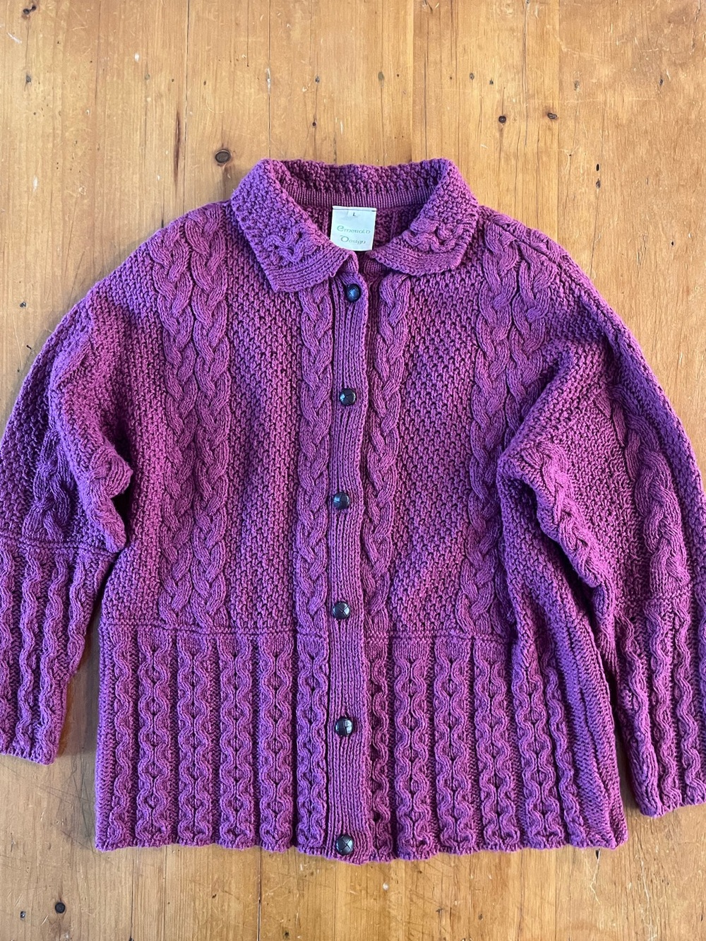 Emerald Design Irish Aran Wool Cable Knit Collared Cardigan in Dark Fuchsia